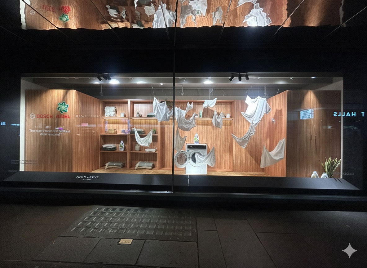 Bosch and Ariel window installation at John Lewis Oxford Street with suspended garments and timber panelling